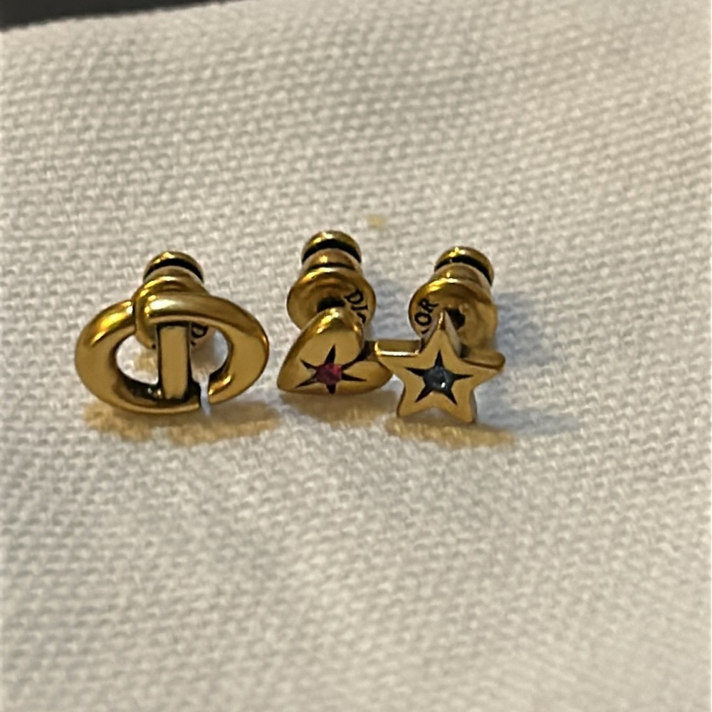 DIOR LUCKY CHARM SET OF STUD Earring Antique Gold-Finish Metal Pink Blue Crystal - Picture 4 of 8